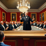 A vibrant, classical auction house with a dynamic, engaging auctioneer in mid-call, presenting a rare antique oil painting. The atmosphere is charged with excitement, showcasing the human connection and storytelling aspect of the profession. Focus on warm, inviting lighting and intricate architectural details.