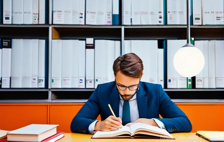 경매사 필기시험 대비 효율적인 노트 작성 - **Prompt:** A focused, professional-looking person, appearing to be in their late 20s or early 30s, ...