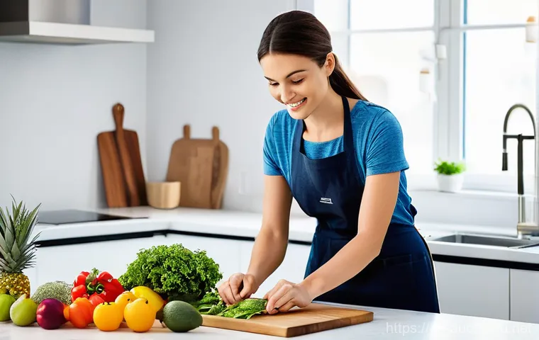 경매사 시험 준비 중 집중력 유지법 - **Healthy Nourishment**: In the first panel, the person is in a clean, modern kitchen, preparing a v...