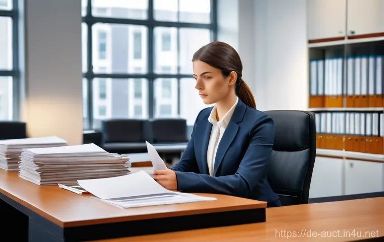 경매사 자격증 시험 과목별 학습법 - A professional young woman, dressed in a smart, well-fitted business suit, sits focused at a large, ...