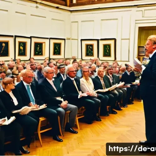 경매사 준비생 커뮤니티 추천 - **Prompt:** A vibrant, high-energy scene inside a classic German auction house. Focus on a charismat...