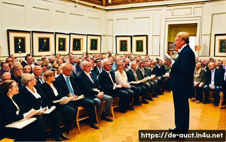 경매사 준비생 커뮤니티 추천 - **Prompt:** A vibrant, high-energy scene inside a classic German auction house. Focus on a charismat...