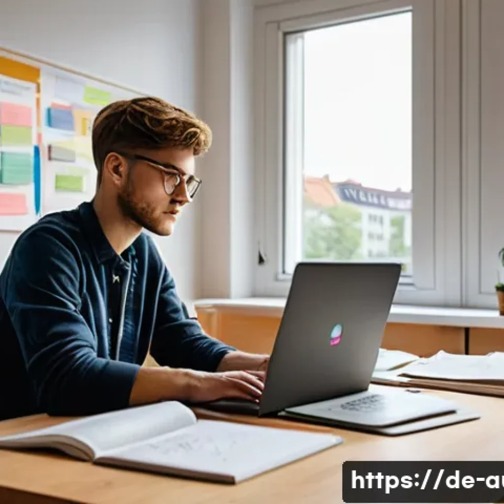 경매사 이론 공부 효율화 팁 - A cozy study room scene in a modern German apartment, featuring a young adult student sitting at a w...