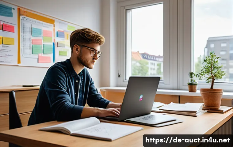 경매사 이론 공부 효율화 팁 - A cozy study room scene in a modern German apartment, featuring a young adult student sitting at a w...