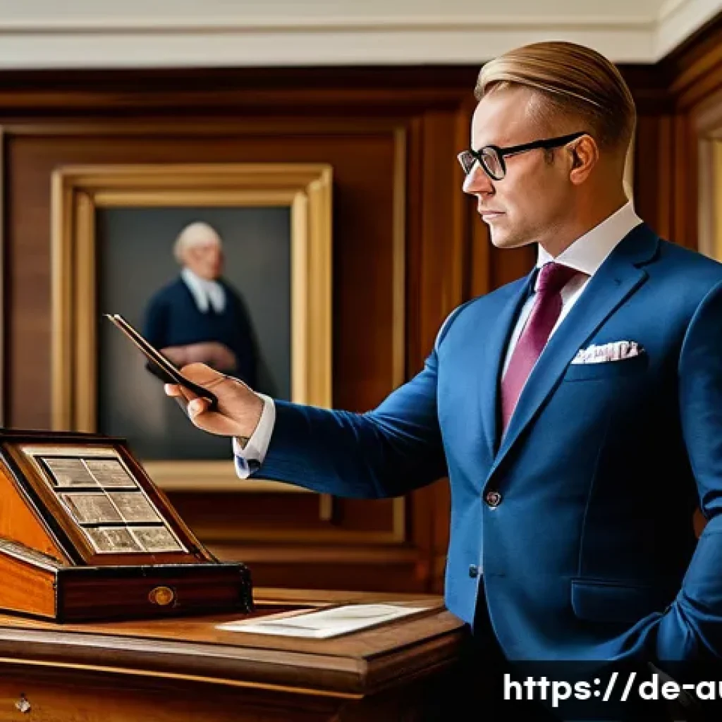 경매사 시험에서 출제될 가능성이 높은 주제 - A professional auctioneer in a stylish, modern auction house in Germany, confidently evaluating anti...