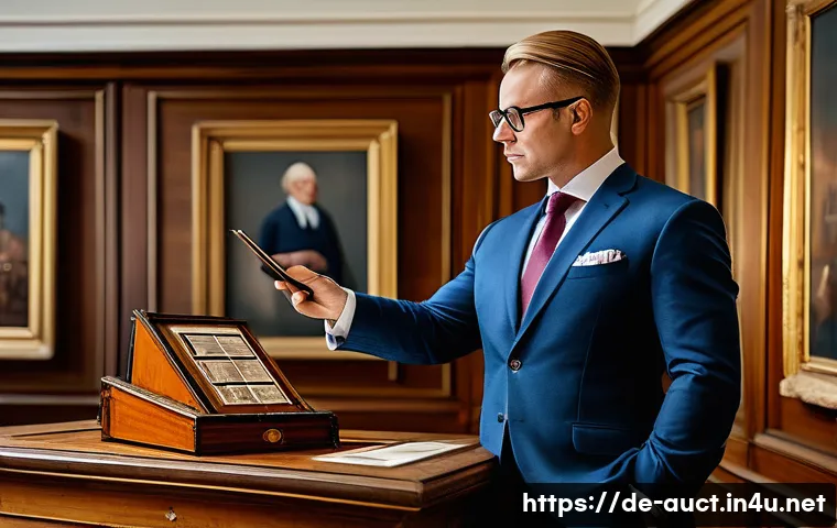 경매사 시험에서 출제될 가능성이 높은 주제 - A professional auctioneer in a stylish, modern auction house in Germany, confidently evaluating anti...