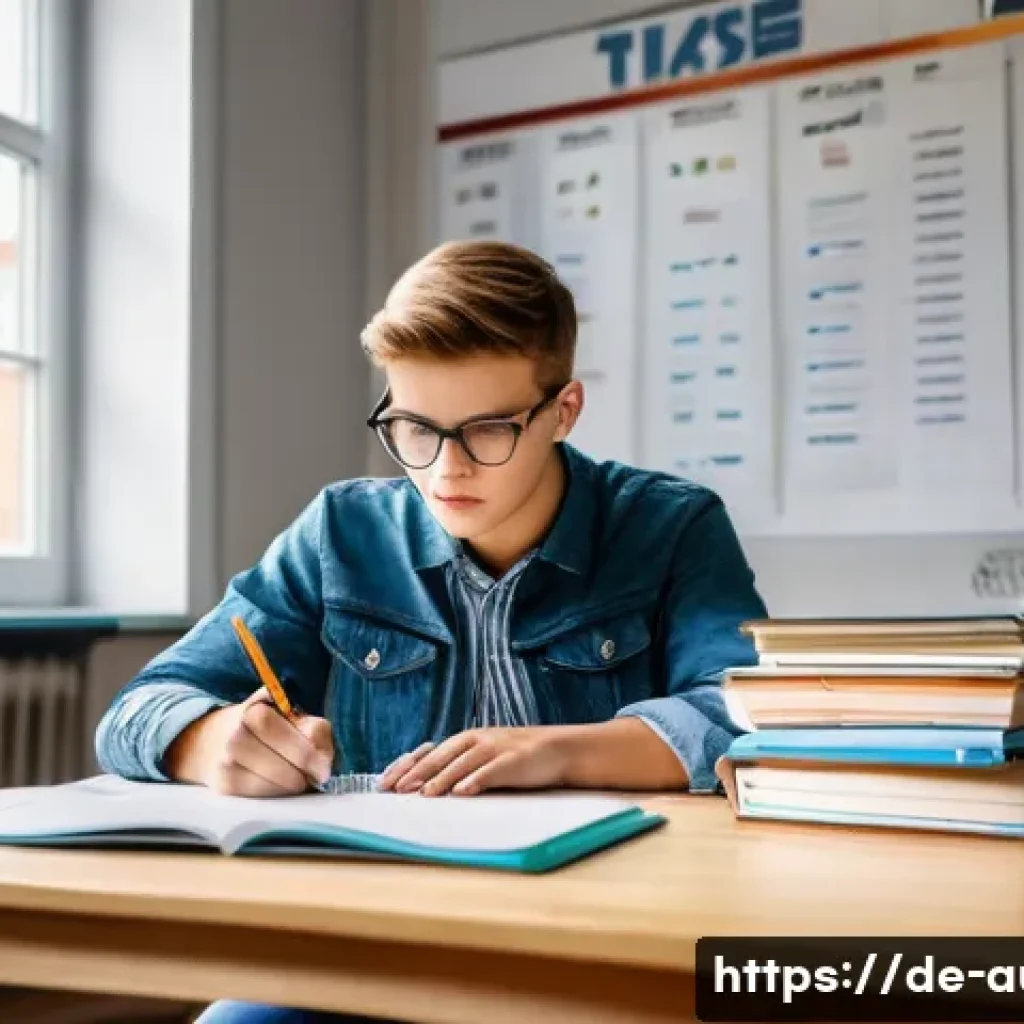 경매사 필기시험 시간 관리법 - A focused young German student sitting at a tidy desk in a bright, modern study room, surrounded by ...