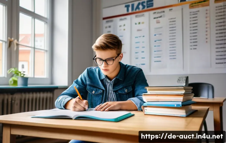 경매사 필기시험 시간 관리법 - A focused young German student sitting at a tidy desk in a bright, modern study room, surrounded by ...