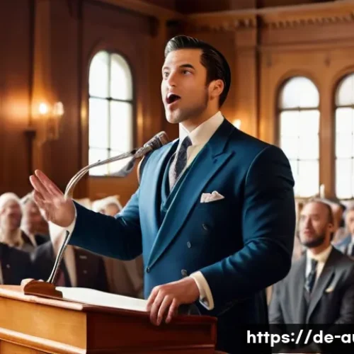 경매사 실기 시험 모의 문제 - A professional auctioneer standing confidently at a classic wooden auction podium in a well-lit auct...