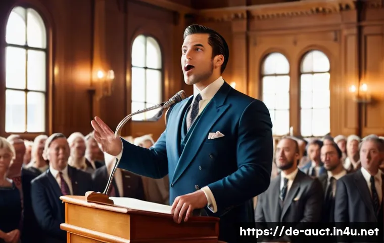 경매사 실기 시험 모의 문제 - A professional auctioneer standing confidently at a classic wooden auction podium in a well-lit auct...