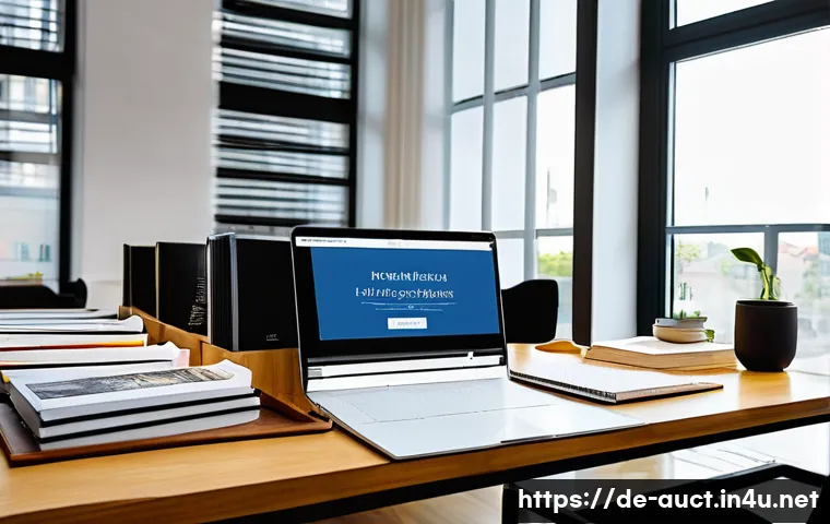 경매사 시험 자료 찾는 방법 - A modern study room scene designed for a German auctioneer exam candidate, featuring a neatly organi...