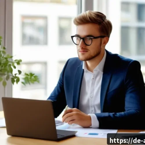 경매사 필기시험 대비 스터디 가이드 - A modern study scene featuring a young German auctioneer candidate sitting at a sleek desk in a brig...
