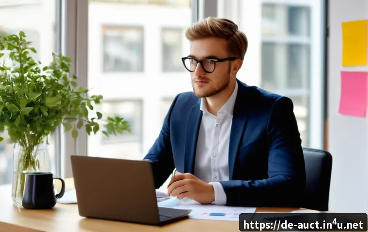 경매사 필기시험 대비 스터디 가이드 - A modern study scene featuring a young German auctioneer candidate sitting at a sleek desk in a brig...
