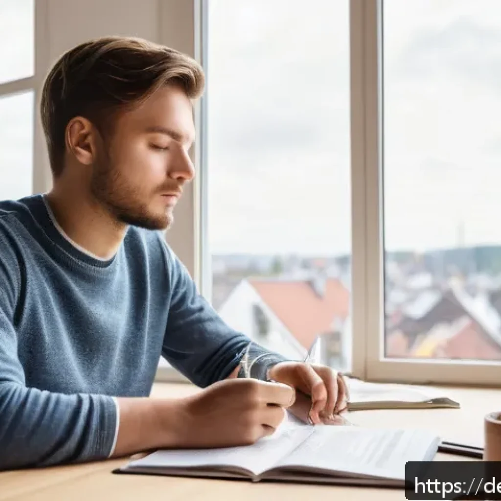 경매사 관련 시험장 경험담 공유 - A professional study scene in a bright, modern German home office, showing a focused adult student s...