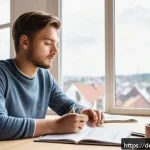 경매사 관련 시험장 경험담 공유 - A professional study scene in a bright, modern German home office, showing a focused adult student s...