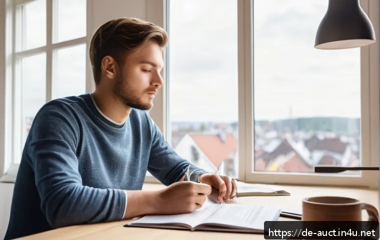 경매사 관련 시험장 경험담 공유 - A professional study scene in a bright, modern German home office, showing a focused adult student s...