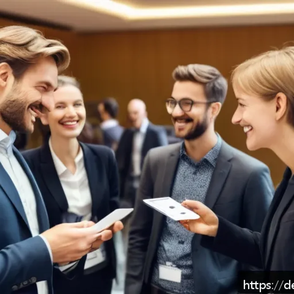 경매사 경력 개발에 유용한 네트워킹 팁 - A professional networking event scene in a modern conference hall in Berlin, featuring diverse Germa...