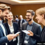 경매사 경력 개발에 유용한 네트워킹 팁 - A professional networking event scene in a modern conference hall in Berlin, featuring diverse Germa...