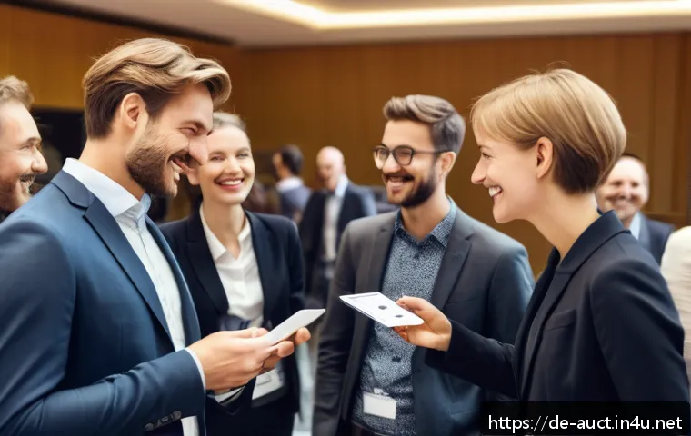 경매사 경력 개발에 유용한 네트워킹 팁 - A professional networking event scene in a modern conference hall in Berlin, featuring diverse Germa...